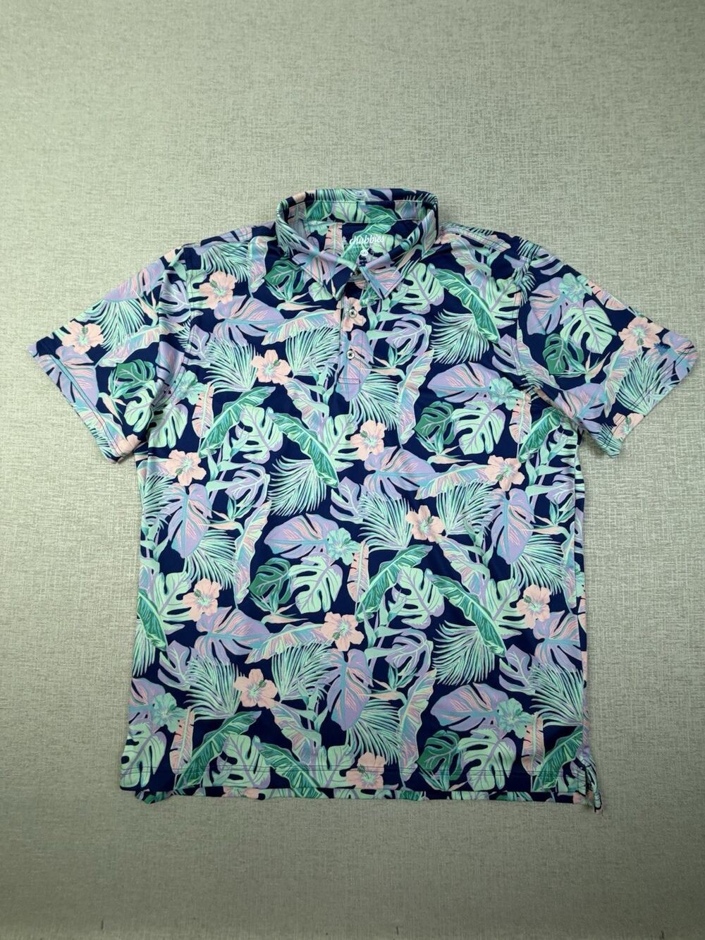Chubbies Men’s XXL Tropical Floral Golf Polo Navy Palm Leaf Hawaiian Shirt